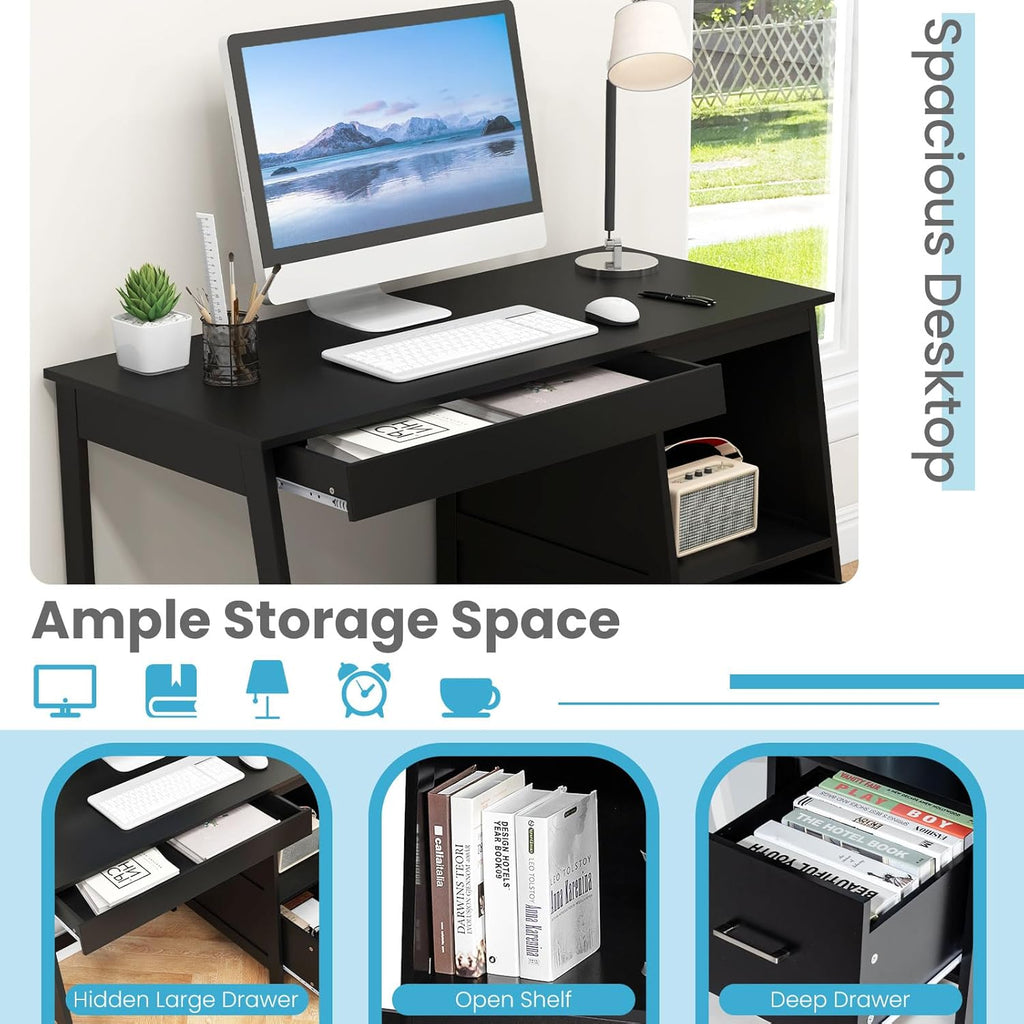 47.5” Computer Desk with 2 Storage Drawers, Small Computer Table Study Writing Desk, Modern Home Office Desk Study Desk with Storage Space (Black)