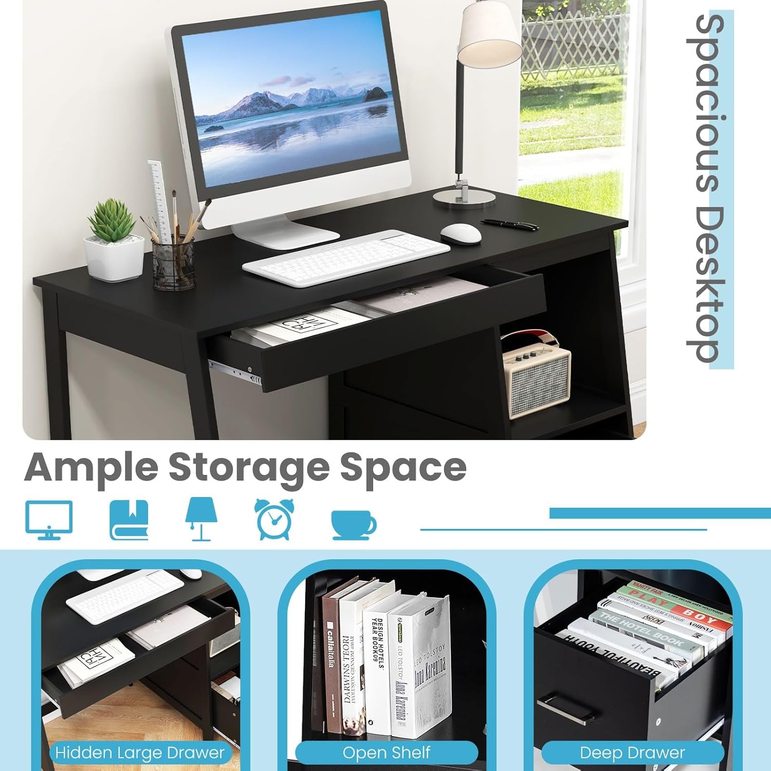 47.5” Computer Desk with 2 Storage Drawers, Small Computer Table Study Writing Desk, Modern Home Office Desk Study Desk with Storage Space (Black)