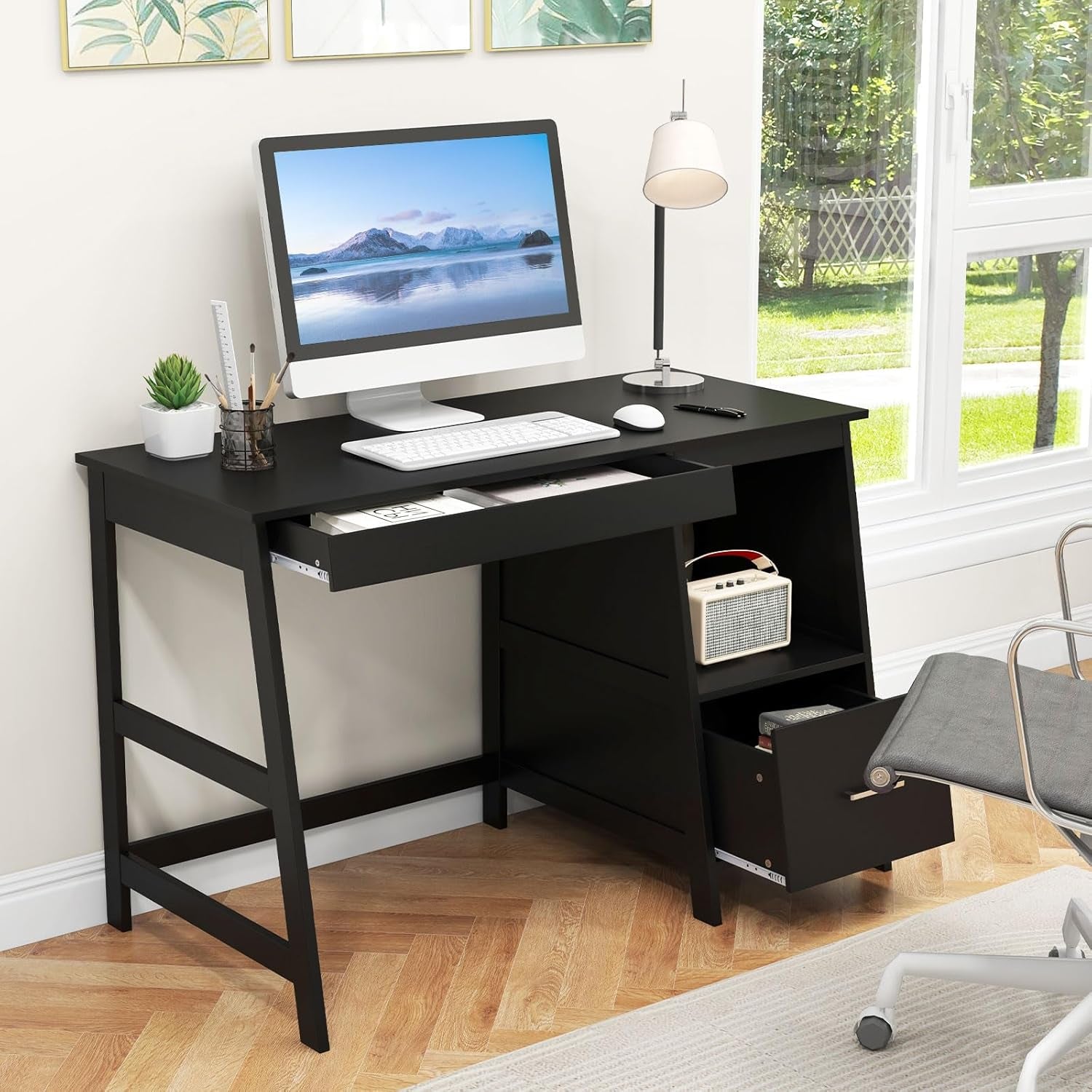 47.5” Computer Desk with 2 Storage Drawers, Small Computer Table Study Writing Desk, Modern Home Office Desk Study Desk with Storage Space (Black)