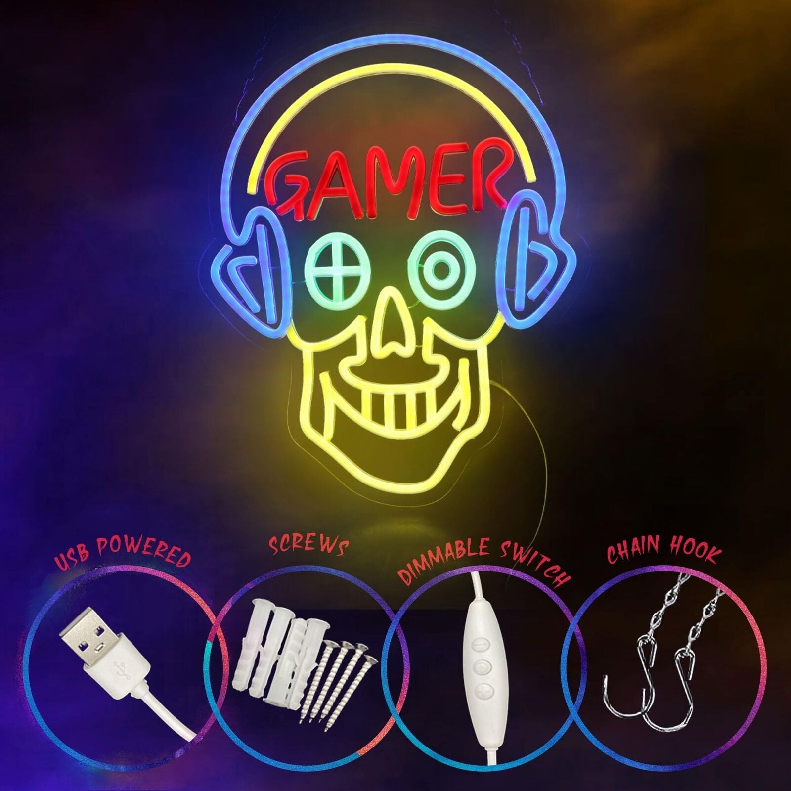 Gamer Skull Neon Sign for Boys Room Decor, Gaming Room Decor, Game Bar Wall D...