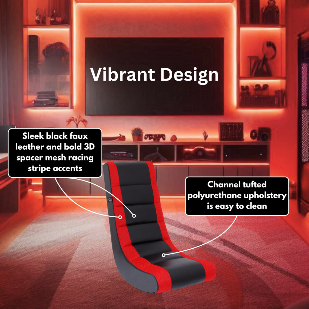 Classic Video Rocker Floor Gaming Chair, Kids and Teens, PU Faux Leather & Polyester Mesh, Black/Red