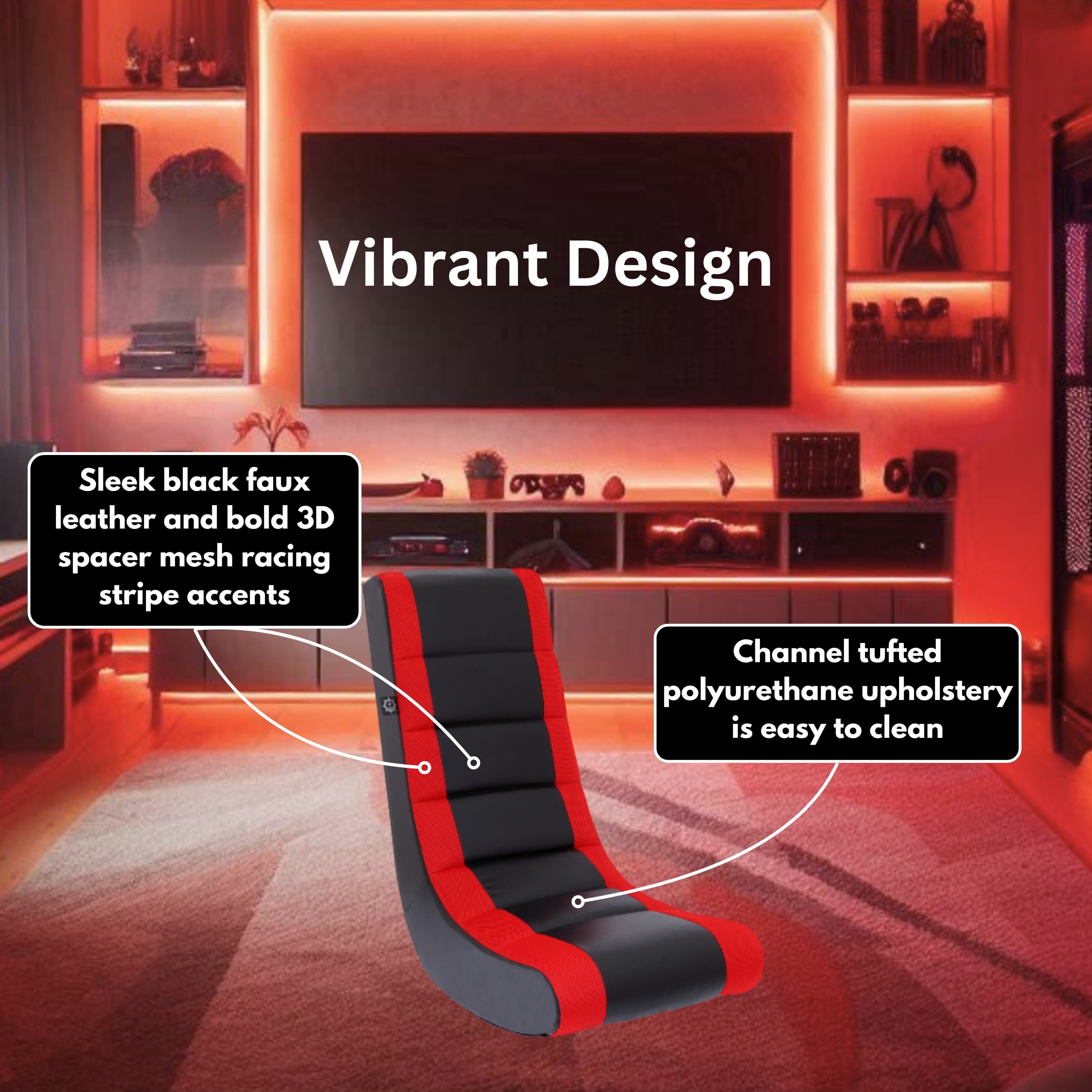 Classic Video Rocker Floor Gaming Chair, Kids and Teens, PU Faux Leather & Polyester Mesh, Black/Red