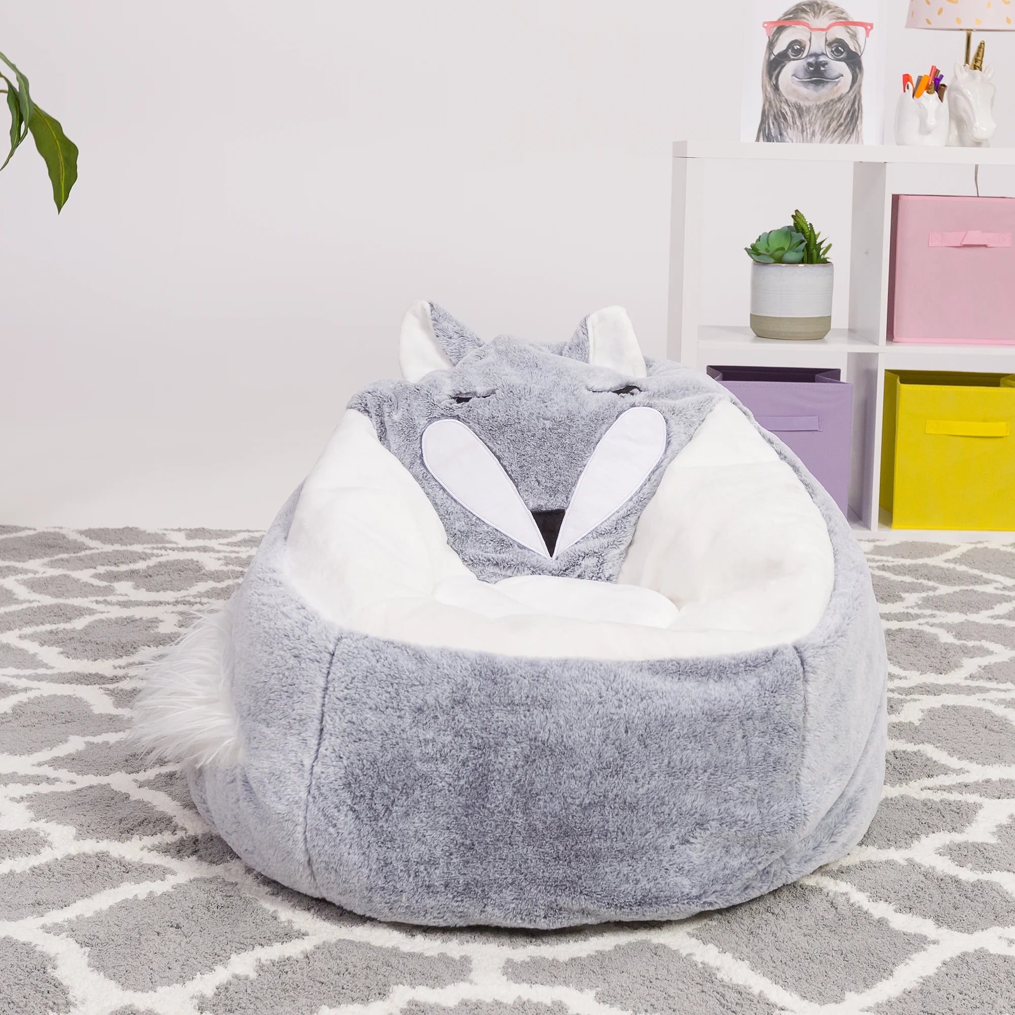 Cute Soft Bean Bag Chair for Kids, Furry, 2.5Ft, Large, Animal - Silver Fox