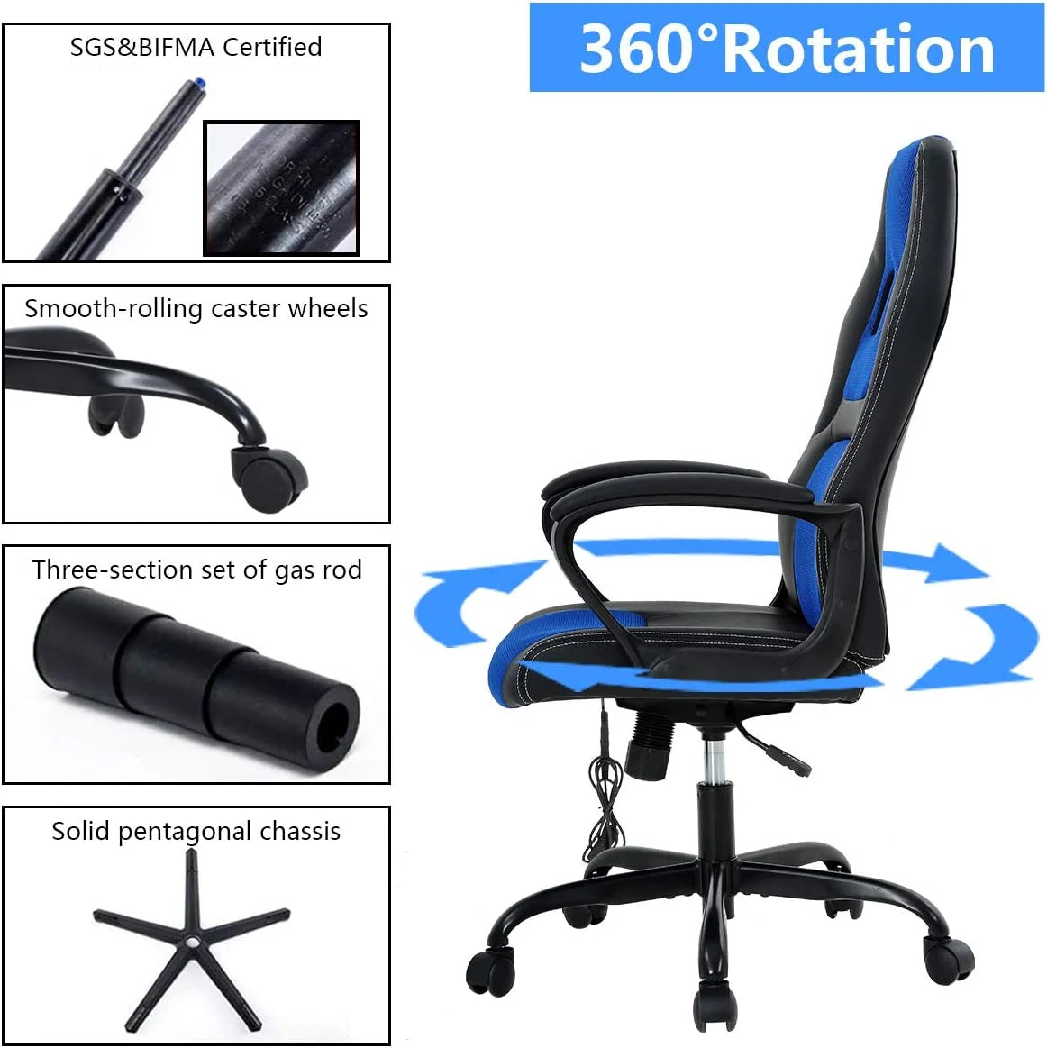 Ergonomic Gaming Chair Massage Computer Desk Chair PU Leather Office Chair Rolling Swivel Racing Chair with 360° Rolling Wheels & Lumbar Support for Teens, Blue