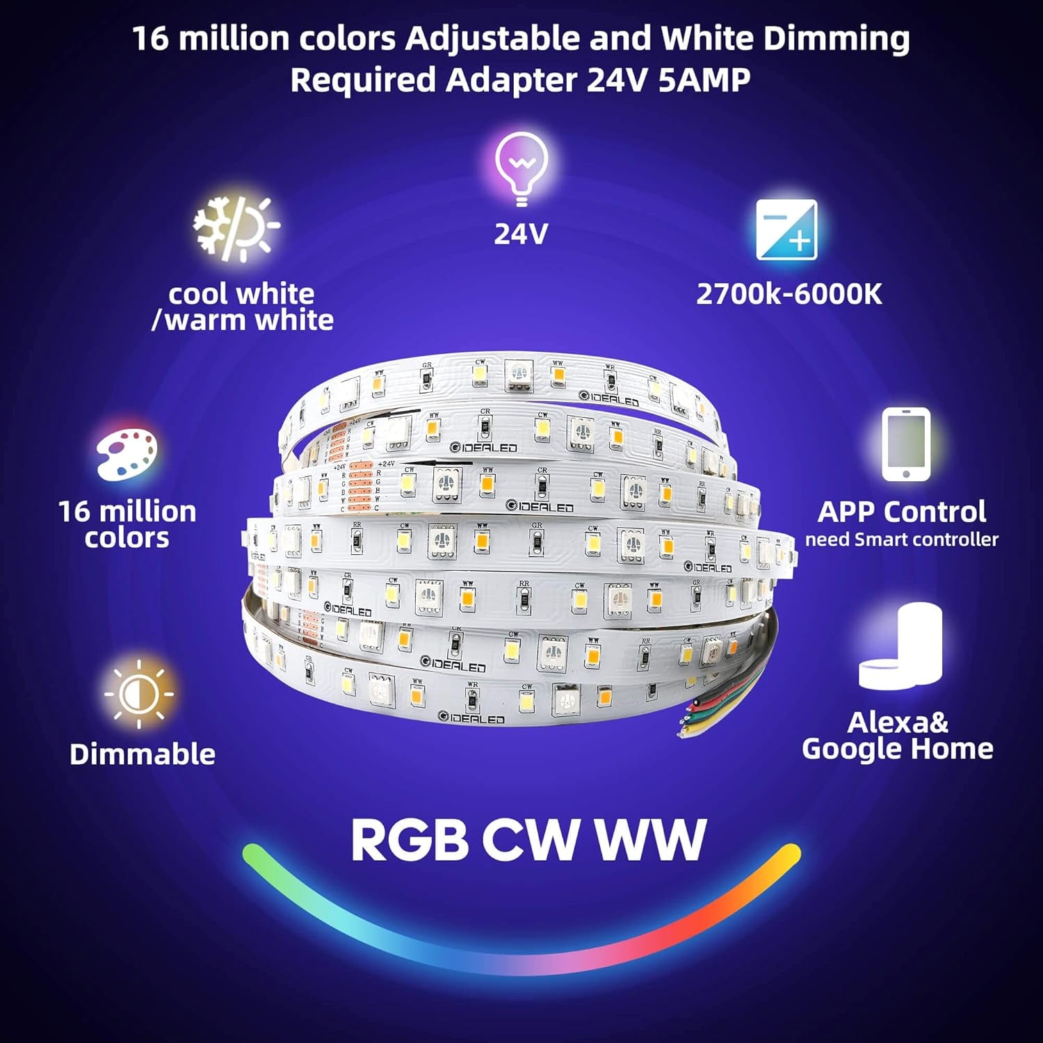DC24V RGBWW LED Strip Lights 32.8Ft/Roll,Dimmable RGB Cold White Warm White(2700K-6000K) SMD5050 6 Wire Full Color Ambiance Daylight RGBWW Lightstrip Plus,Only 10M RGBCCT LED Lightstrip