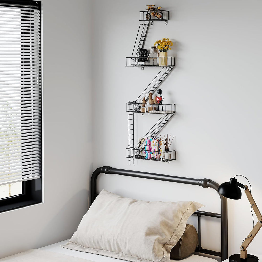 Fire Escape Wall Shelf - 4 Tier Metal Black Fire Escape Shelf with Baskets, New