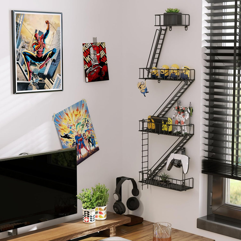 Fire Escape Wall Shelf - 4 Tier Metal Black Fire Escape Shelf with Baskets, New