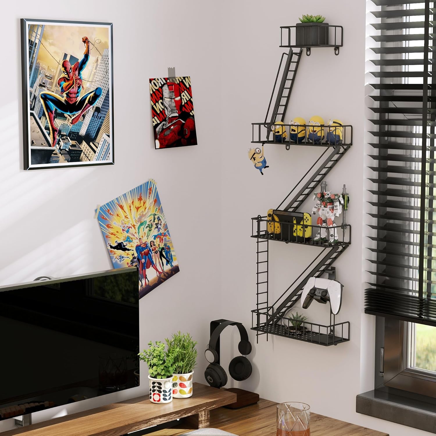 Fire Escape Wall Shelf - 4 Tier Metal Black Fire Escape Shelf with Baskets, New