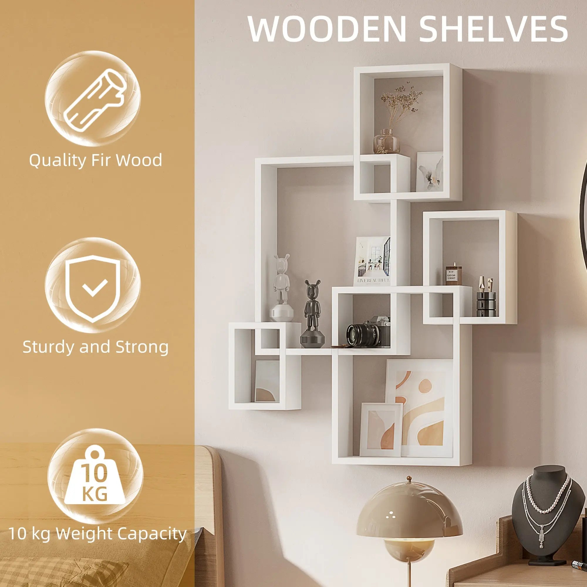 Floating Shelves, Wall Mounted Interlocking Cube Shelves, Display Wall Shelf for Living Room, Bedroom, Hallways, White-4